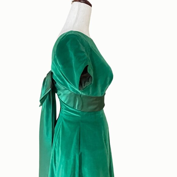 Vtg 1950s Kay Selig Emerald Green Velvet Evening Tea Length Dress Satin Bow Back - Picture 10 of 14
